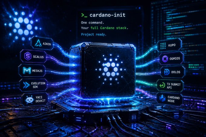 A glowing Cardano logo sits at the center of a futuristic circuit-board setup, surrounded by labeled nodes for Aiken, Scalus, MeshJS, Evolution SDK, Yaci DevKit, Kupo, Ogmios, Dolos, TX Submit API, and Cardano Node, with the terminal command "cardano-init" displayed above along with the text "One command. Your full Cardano stack. Project ready." The image visualizes the post's message by showing how the new `cardano-init` tool from IOG unifies Cardano's fragmented developer tooling—Aiken, MeshJS, Yaci, Kupo, and Ogmios—into a single connected stack scaffolded from one command.
