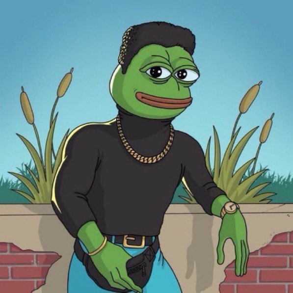 A cartoon illustration of a Pepe the Frog character with a high-top fade haircut, wearing a black turtleneck, gold chain, and holding a pistol, leaning against a brick wall with cattails in the background—fitting the "GM CT GM GECKOS" crypto community greeting with a street-style twist.