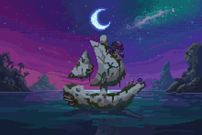 A pixel art illustration shows a small wooden ship sailing through dark waters under a starry night sky with a crescent moon, evoking a sense of adventure and exploration. The whimsical scene complements the announcement of the project's "HOLDERS & COLLABS" phase going live, suggesting a journey or voyage that aligns with the collaborative NFT collection on OpenSea.