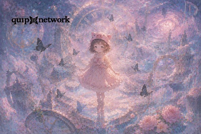The image features a girl with a hat, dressed in pink clothing, standing in front of a clock surrounded by butterflies. The scene appears to be set against a purple background, which adds depth and visual interest to the composition. The girl's position near the center of the image draws attention to her as the main subject.

The post includes text that reads "quip network" at the top, indicating it is related to an online platform or community. Additionally, there are two clocks in the background, one on each side of the image, which could be part of a larger art installation or creative project. The girl's hat and pink clothing add a whimsical touch to the scene, making it visually appealing and engaging for viewers.