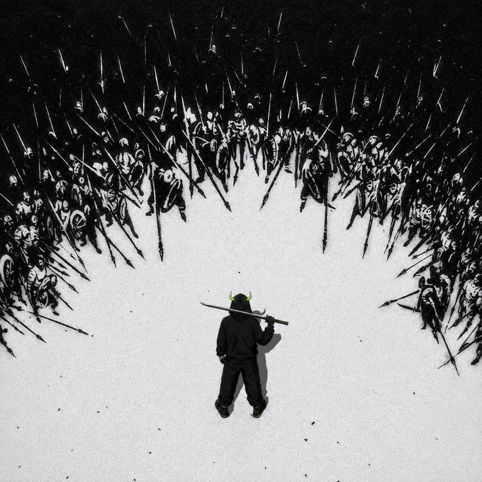 A lone figure in a horned helmet and hoodie stands at the bottom center holding a sword, facing an overwhelming, curved wall of armed warriors surrounding him from above—a striking visual metaphor for the caption "bullish at the bottom when nobody else dared to be, up only from here $ANSEM." The stark contrast between the solitary individual and the encircling mass evokes the courage of holding a contrarian, bullish stance against a crowd of skeptics.