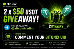 A promotional graphic for a "2 x $50 USDT GIVEAWAY" by Bitunix, featuring a glowing green gift box, instructions to comment a Bitunix UID for a chance to win, and tagged handles @altcointrading and @BitunixGlobal, aligning with the post celebrating the giveaway winners.
