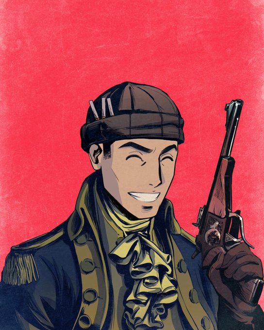 An illustrated portrait of a smiling man in historical military attire, including a dark cap with three pins, a yellow ruffled cravat, and a green coat, holding a long firearm against a red background.