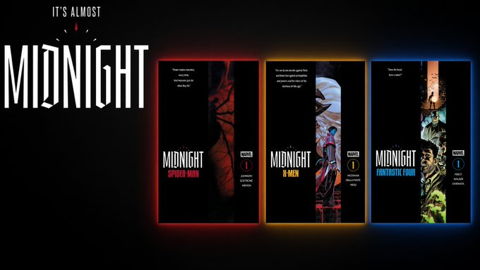 A promotional graphic titled "IT'S ALMOST MIDNIGHT" showcasing three book covers: "SPIDER MAN", "X-MEN", and "FRIGHTFUL TOUR".