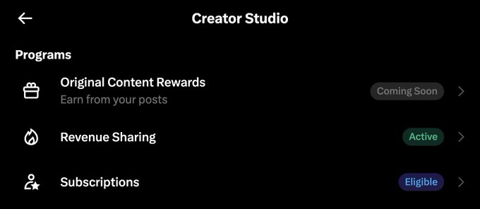 A dark-themed 'Creator Studio' interface screen listing three Programs: 'Original Content Rewards' (Coming Soon), 'Revenue Sharing' (Active), and 'Subscriptions' (Eligible).