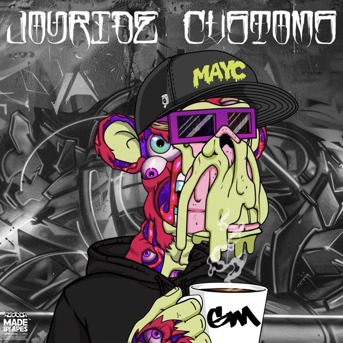 A cartoon mutant ape wearing a black "MAYC" cap and purple sunglasses holds a steaming "GM" mug, with "JOURNEY CHRONO" emblazoned at the top and "MADE BY APES" in the corner — fitting the post's "GM and happy mutant Monday" greeting, tag of @BoringSecurity, and #ledger reference.