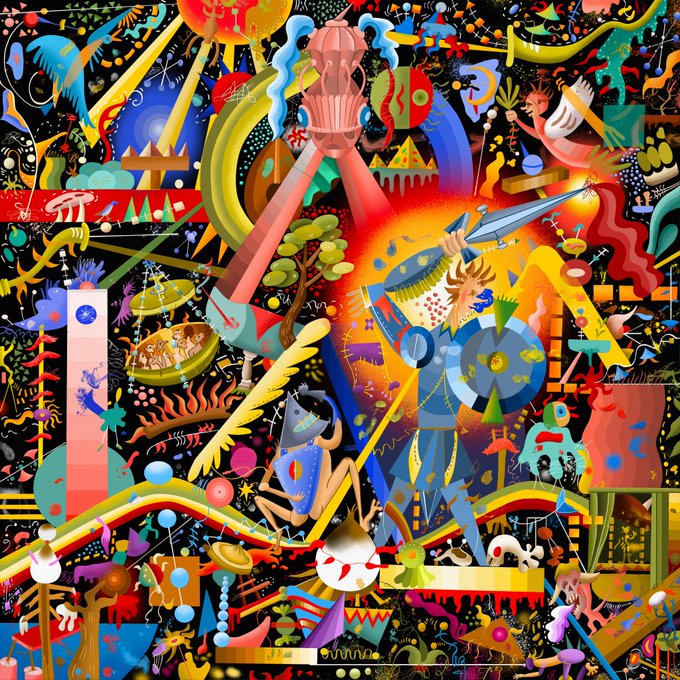 A vibrant, chaotic digital illustration filled with abstract figures, faces, and shapes in bright colors against a dark background.