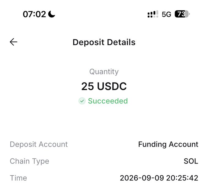 A screenshot of a successful "Deposit Details" page showing 25 USDC deposited into a Funding Account on the SOL chain on 2026-09-09, with the user noting they got paid $25 twice in 48 hours for reposting tweets, illustrating an easy crypto payout via Solana.