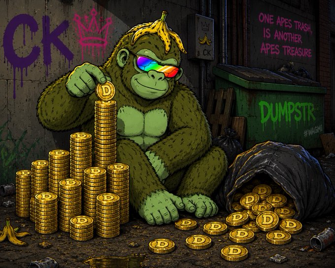 A cartoon-style illustration of a green ape wearing rainbow-tinted sunglasses, sitting in an alleyway and holding a gold coin marked "D", surrounded by large stacks of similar "D" coins and black trash bags; graffiti on the walls reads "CK" with a crown and "ONE APES TRASH, IS ANOTHER APES TREASURE".