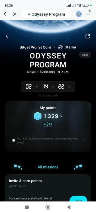 Mobile screenshot of the Bitget Wallet Card × Stellar 'Odyssey Program' page showing a countdown (02d 14h 22m) and 1,329 points worth ~$11.