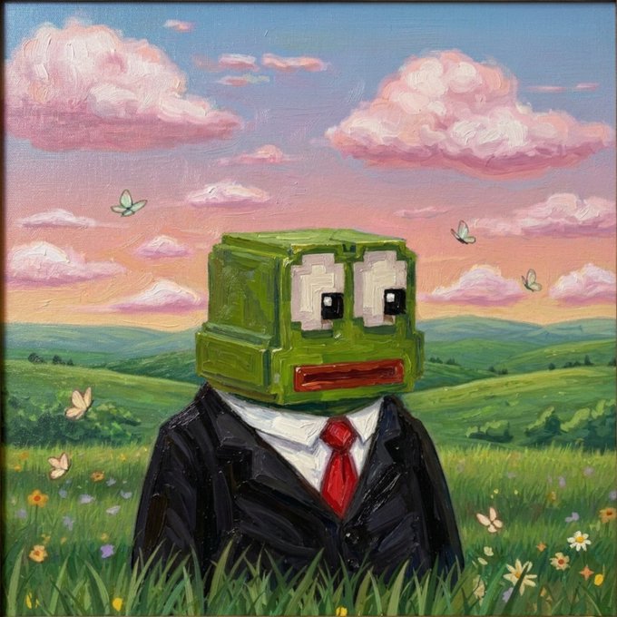 An oil painting of a pixelated green character with a blocky head, dressed in a black suit and red tie, standing in a grassy field with pink clouds and butterflies.