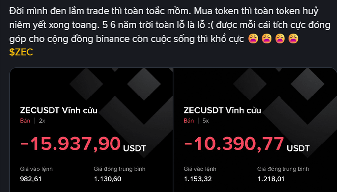 A Vietnamese text post about losses trading ZECUSDT, showing two large loss figures of '-15.937,90 USDT' and '-10.390,77 USDT' with the tag '$ZEC'.