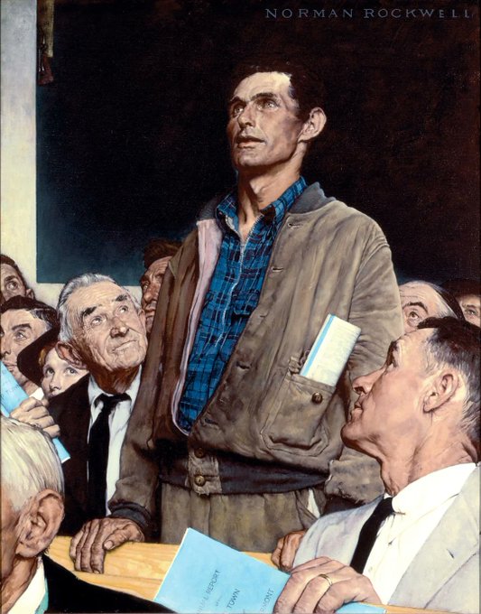 The image shows Norman Rockwell's famous "Freedom of Speech" painting, featuring a determined-looking man in a flannel shirt and work jacket standing up in a town meeting, with the text "NORMAN ROCKWELL" visible at the top. The accompanying post about Souvla being "good actually" humorously parallels the painting's theme of speaking one's mind and confidently standing up for what you believe in.