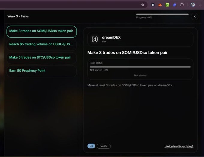 A screenshot of a 'Week 3 - Tasks' page on dreamDEX, highlighting a task to 'Make 3 trades on SOMI/USDso token pair' with an unstarted status.
