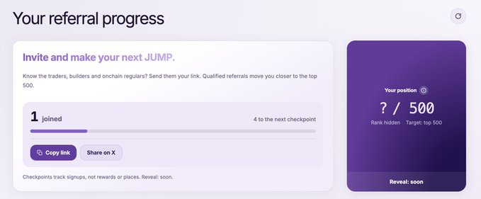 A "Your referral progress" dashboard showing "1 joined" with "4 to the next checkpoint," a position of "? / 500," and buttons to "Copy link" and "Share on X."