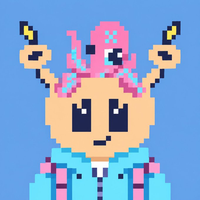 A pixel art illustration features a cute character with an orange round head, large dark eyes, and a small pink octopus with cyan tentacles sitting on top of its head, set against a solid blue background.