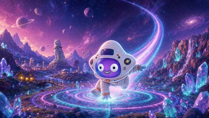 A small purple alien-like creature wearing a white astronaut suit smiles and poses on a glowing magical circle in a fantastical cosmic landscape filled with purple skies, crystals, and distant planets—visually representing the AI companion being described as playful, otherworldly, and full of personality.