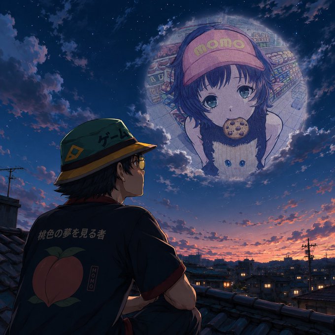 An anime-style illustration of a boy in a 'Game' hat and peach shirt gazing at a giant floating image of a girl labeled 'momo' with a cookie in her mouth, set against a twilight cityscape.