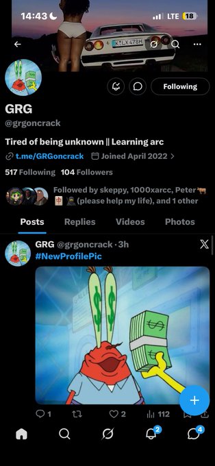 Twitter/X profile page for user @grgoncrrack (GRG) with bio reading 'Tired of being unknown || Learning arc', featuring a post with Mr. Krabs holding money.