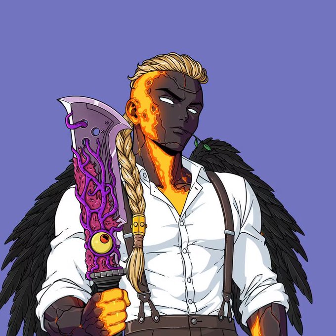 A digital illustration of a character with flaming lava for a face and one side of their head, black wings, and a large, ornate purple sword with an eye design.