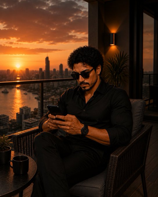 The image shows a man sitting outside at night, looking at his cell phone while wearing sunglasses. He appears to be enjoying his time outdoors as he checks his phone. The setting includes a city skyline visible in the background, adding an urban touch to the scene. The photo has been captioned with a message that reads "Good Evening fam This evening hits different when you know you are on the right side Evening is going well with @sleepagotchi and @quipnetwork Wishing everyone a peaceful and beautiful evening".