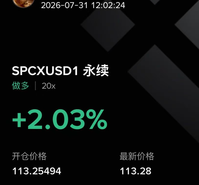 A trading interface screenshot showing a long position ('做多') on 'SPCXUSD1 永续' with 20x leverage, displaying a +2.03% gain, an entry price of 113.25494, and a current price of 113.28.