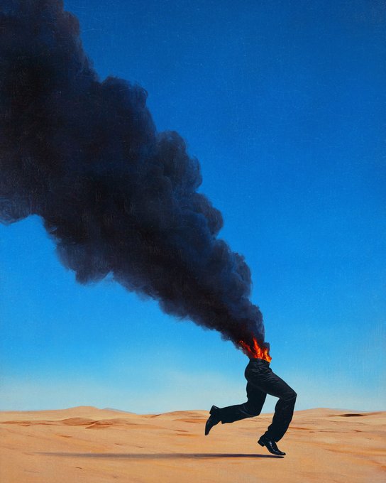 A surreal digital artwork showing a headless figure in dark clothing running across a desert landscape with black smoke billowing from the neck where fire is visible, set against a clear blue sky.