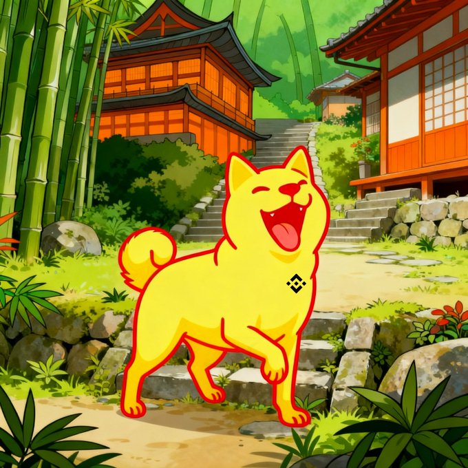 ikebana garden scene features a yellow dog with a black nose and tongue, standing on red rocks amidst green plants and bamboo trees.
