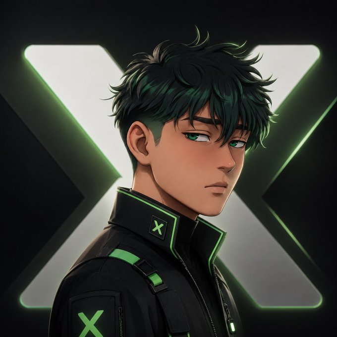 A confident young man with green-tinted dark hair and matching green eyes stares intensely forward, wearing a sleek black jacket accented with neon green trim and a green "X" emblem. Behind him glows a large luminous white "X" logo against a dark background, visually representing the Xora Finance brand featured in the post about their yield platform.