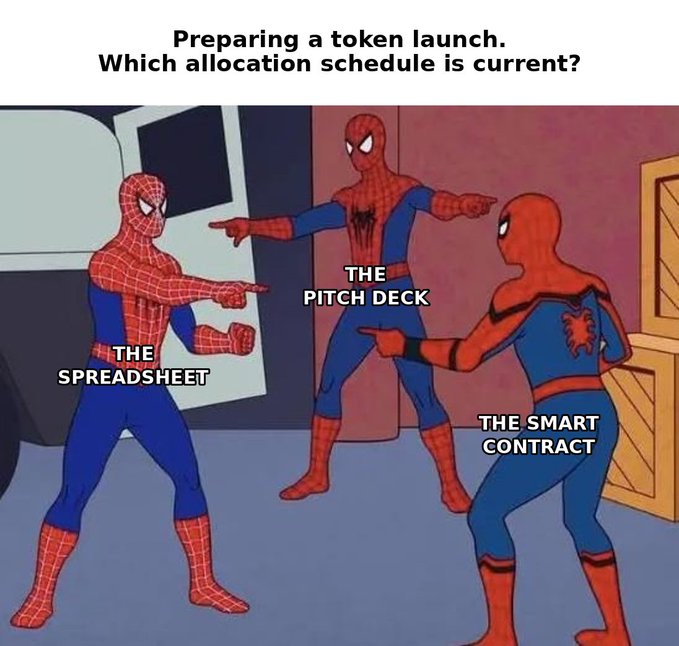 A Spider-Man pointing meme captioned 'Preparing a token launch. Which allocation schedule is current?' with the three Spidermen labeled THE SPREADSHEET, THE PITCH DECK, and THE SMART CONTRACT.