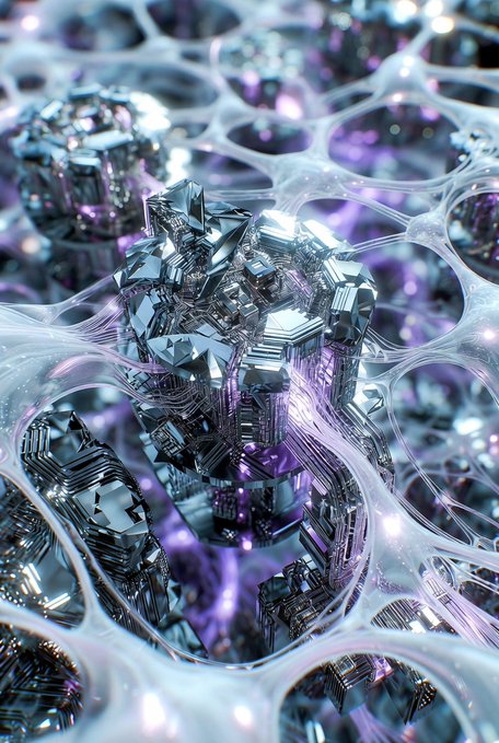 A crystalline metallic structure emerges from a web of translucent, bubble-like membranes in an iridescent purple and silver landscape. The image evokes a quantum computing environment, where complex crystalline data lattices are processed through delicate computational membranes, visually mirroring the post's description of QuipNetwork bridging quantum and classical operators to solve massive computational challenges like finance arbitrage, logistics, AI training, and scientific simulation.