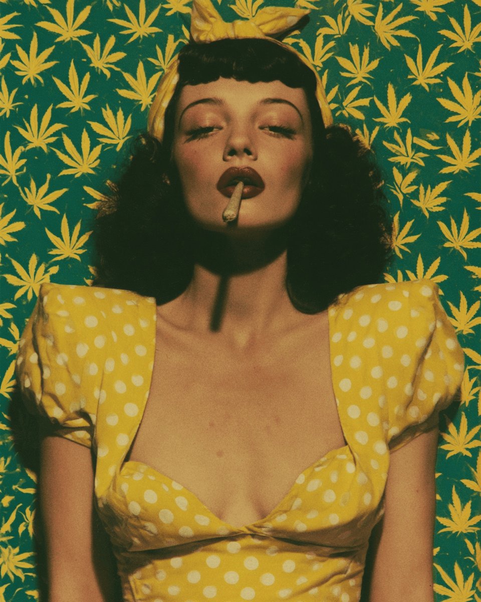 The image features a woman with black hair wearing a yellow dress, holding a cigarette between her fingers while posing for the camera. The background of the photo has a green patterned design that includes various shades of green leaves. The caption "@objktcom KT1TB9EpZncL1EaoE2VcV1ydjry4sF2Ywtqp" is present, which might be related to the collection or artist behind this image.