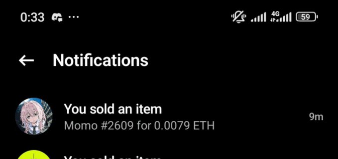 A mobile screenshot of a 'Notifications' page showing 'You sold an item Momo #2609 for 0.0079 ETH' from 9 minutes ago.
