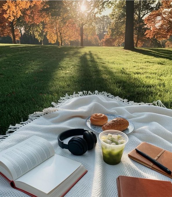 A cozy outdoor setup on a grassy lawn includes an open book, headphones, a pastry, a matcha drink, and notebooks on a fringed blanket, with autumn trees and a long shadow in the background.