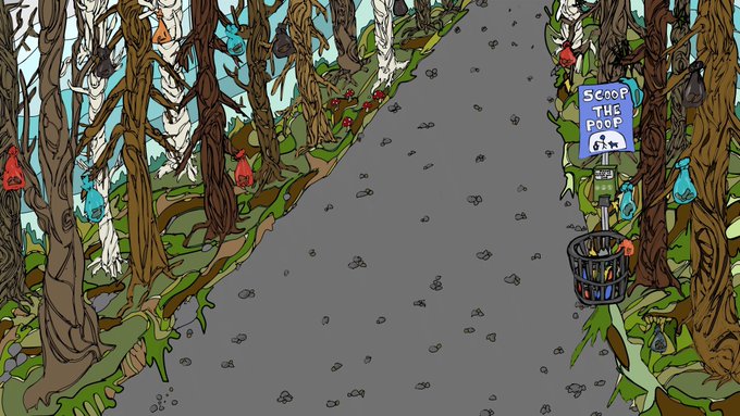 A whimsical cartoon illustration shows a gray path winding through a forest, flanked by trees with colorful birdhouses and a sign reading 'SCOOP THE POOP' next to a basket.