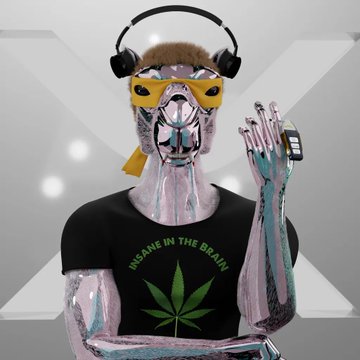 A digital 3D illustration of a character with a metallic, chameleon-like head wearing large headphones and yellow goggles, dressed in a black t-shirt that reads 'INSANE IN THE BRAIN' above a green cannabis leaf.