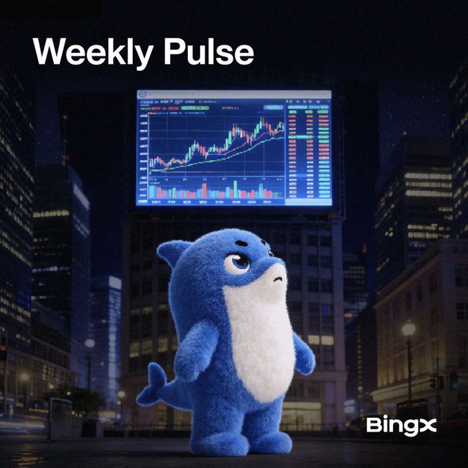 A fluffy blue shark mascot stands in a nighttime cityscape looking up at a large billboard displaying a colorful crypto trading chart, with the headline "Weekly Pulse" and the "BingX" logo in the corner—visually tying the week's major crypto headlines (Strategy's BTC accumulation, SOL ETF inflows, and Hong Kong's regulatory expansion) into a single market recap moment.