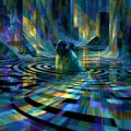 An abstract, iridescent image with swirling colors of green, purple, and gold creating a reflective, psychedelic pattern.