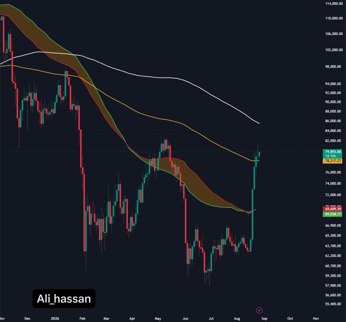 A candlestick chart of Bitcoin (BTCUSDT) showing price action from late 2025 through August 2026, with the price at approximately $79,853 (+1.25%), featuring moving average lines and watermarked with 'Ali hassan'.