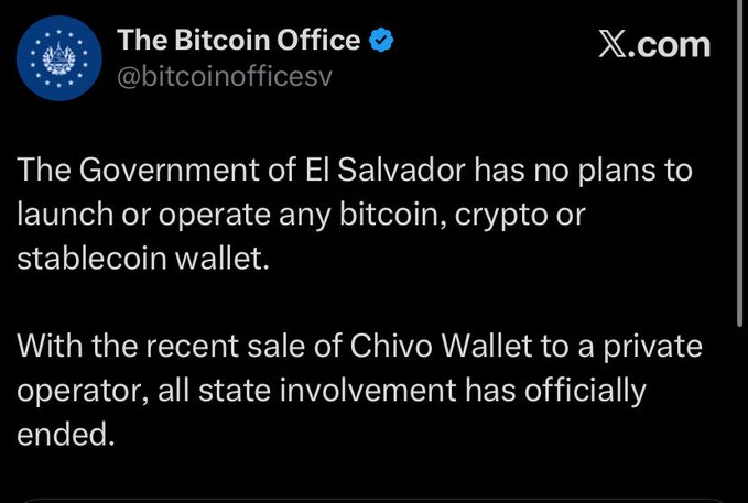 A tweet from The Bitcoin Office (@bitcoinofficesv) on X.com stating that the Government of El Salvador has no plans to launch or operate any bitcoin, crypto or stablecoin wallet, noting that with the recent sale of Chivo Wallet to a private operator, all state involvement has officially ended.