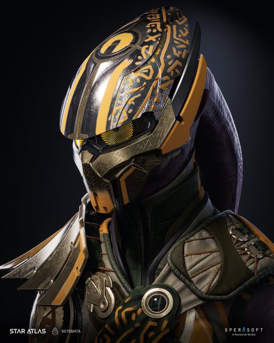 A close-up character render from the game Star Atlas featuring a futuristic helmeted figure with intricate gold, black, and teal tribal/glyph designs, with logos for 'STAR ATLAS AUTOMATA' and 'SPERA SOFT A Sperasoft Studio' visible.