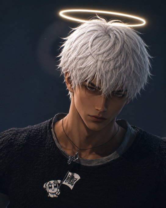 A 3D-rendered character with white messy hair and a glowing golden halo wears a black textured shirt with a "DIVE" pin.
