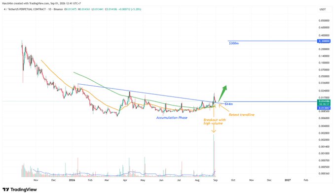 A TradingView chart of Floki/TetherUS perpetual contract on Binance showing technical analysis annotations including 'Accumulation Phase', 'Breakout with high volume', 'Retest trendline', and price targets of $4m and $300m.