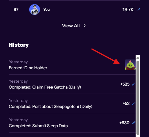 A Sleeagotchi loyalty page showing 19.7K points and activity history, with a red arrow pointing to a newly earned "Dino Holder" badge, illustrating how users can claim the badge by holding a Dino NFT and verifying on Discord.