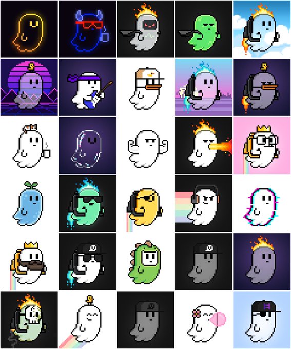 A grid collage of twenty-five pixel art ghost characters in various colors, designs, and accessories, including flaming crowns, sunglasses, headphones, and crowns.