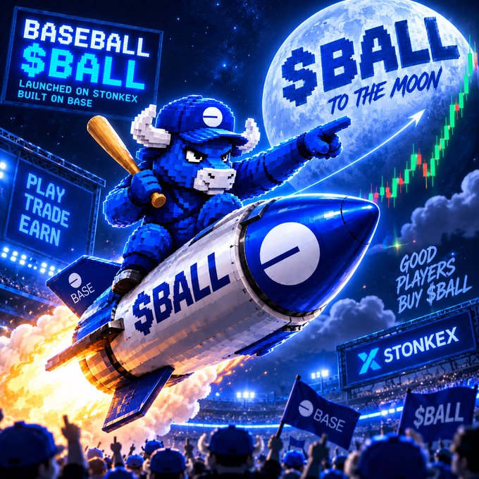 A vibrant digital illustration featuring a blue pixel-art mascot holding a baseball bat while riding a rocket labeled '$BALL' toward the moon, with stadium crowds and signs reading 'BASEBALL $BALL LAUNCHED ON STONKEX BUILT ON BASE', 'PLAY TRADE EARN', 'GOOD PLAYERS BUY $BALL', and 'STONKEX'.