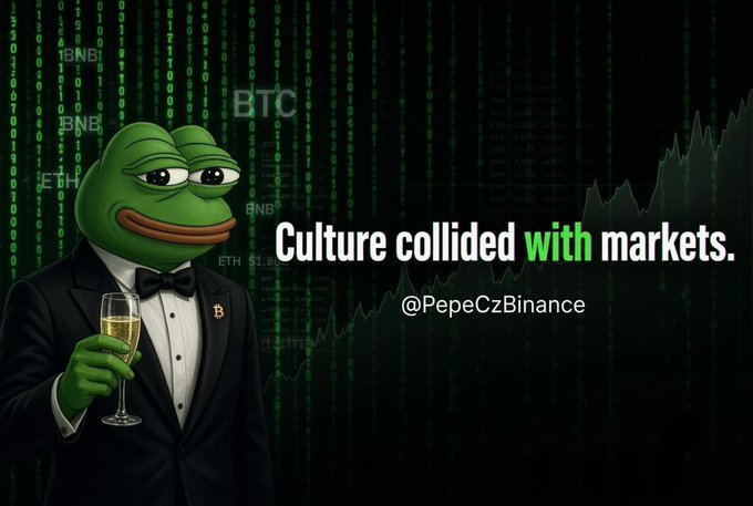 A meme image showing Pepe the Frog dressed in a tuxedo holding a champagne glass, set against a green stock market ticker background, with the text "Culture collided with markets." and the handle "@PepeCzBinance".