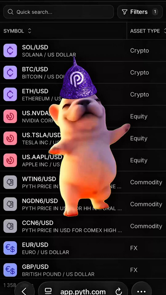 The image shows an animated cartoon of a dog wearing a hat with a purple band around its head. The dog appears to be dancing or playing while standing next to a computer screen displaying a list of various terms, such as "BTC", "USDT", "EUR/USD", and "GBP/USD". The text on the image suggests that the dog is associated with an app named "Pyth" which might be related to cryptocurrency trading.