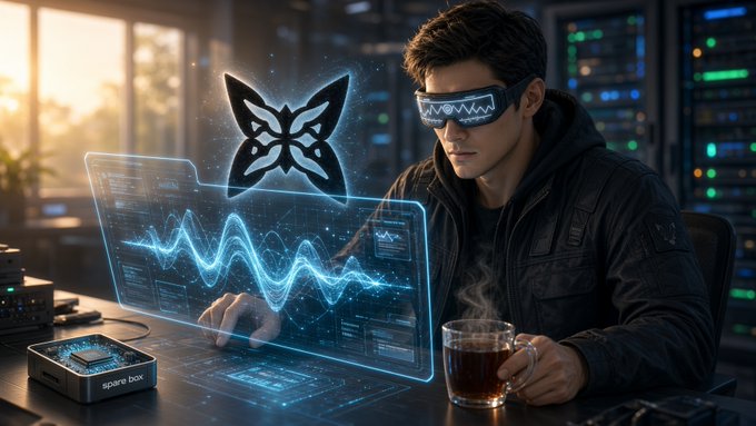 A digital illustration of a young man wearing VR-style smart glasses, working at a high-tech desk with a glowing holographic display showing waveforms and a butterfly logo.