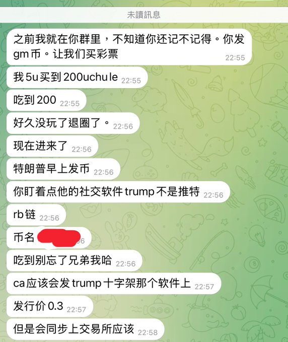 A Chinese-language chat conversation discussing cryptocurrency tokens, mentioning "gm币", "trump", "rb链" (RB chain), and an issuing price of 0.3.